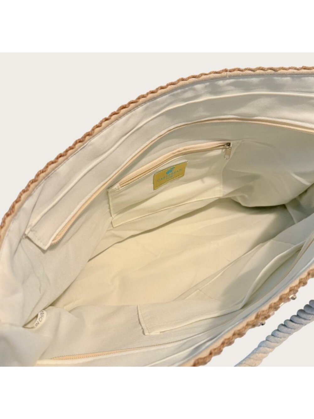 Caribbean Joe Island Supply Co Green Beige Canvas Tote Rope Handles Zip Closure - Picture 5 of 8
